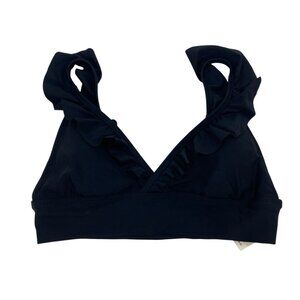 Aerie Size M Black Ruffle Strap Bikini Top V-Neck Swimwear NWT